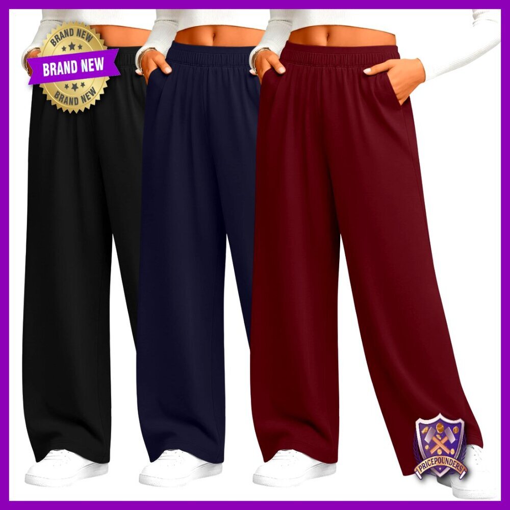 Plus Size Wide Leg Yoga Pants with Pockets, Elastic Waist, 3 Pack